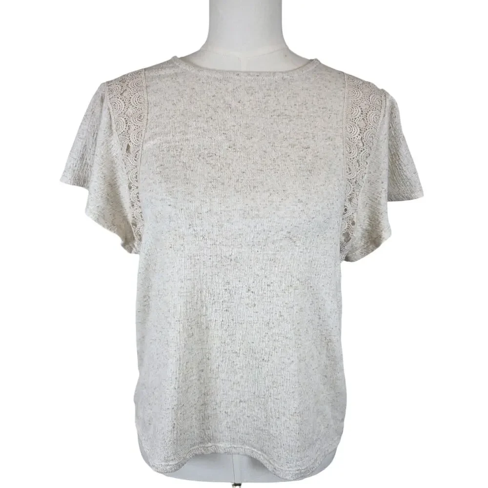 Fred David Cream Crepe Blouse w/Ruffle Short Sleeve & Crochet Detail